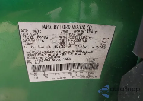 2013 Ford Police Interceptor из США, поврежденный, VIN 1FM5K8ARXDGA38646